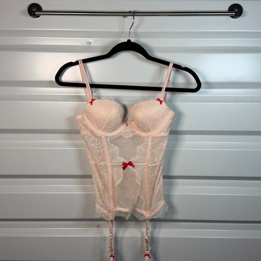 Victoria Secret Bustier Women 34B Pink Excellent Lace Bow Garter